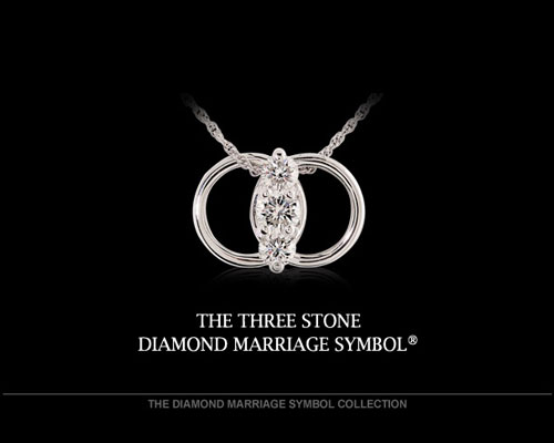 The Three Stone Diamond Marriage Symbol will help you celebrate in the most meaningful and romantic way possible. Two interlocking circles are a universal sign of your marriage. The Three beautiful diamonds represent your past, your present and your future together. Say I Forever Do, perfectly!