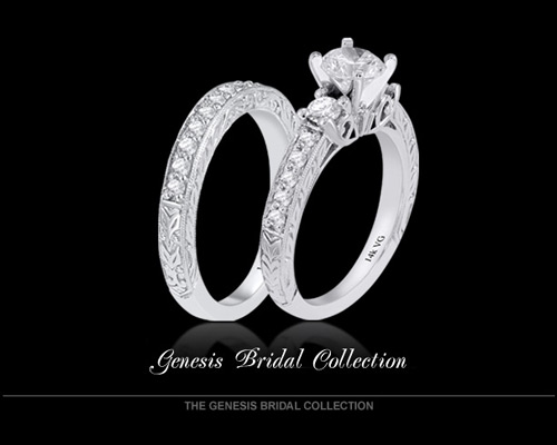 Wildly romantic, hopelessly beautiful, and an exceptional value, Genesis Bridal captures the profound emotion and beauty of engagements and weddings. Diamonds in the Genesis line are exceptional stones, which are expertly placed to showcase the diamonds from any angle in often-unexpected ways. Genesis Bridal, a collection of elegant 14K white gold mountings and intricate trademarked styles, has been lauded for its high designer quality at affordable prices.