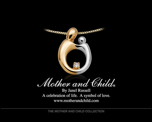 Designed from the heart and hands of Janel Russell, the heart shaped jewelry line is an elegant evolution of Janel's original Mother and Child design. The design embodies a Mother and Child emerging from a heart symbolizing the love that binds them together for eternity. The Mother and Child Heart Collection includes pendants, earrings, lockets, rings, charms and bracelets in 14-karat gold.