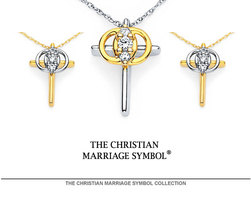 The Christian Marriage Symbol is a powerful way to express your everlasting love and enduring faith. Interlocking circles symbolize your marriage.  The cross bears witness to your faith. Three beautiful diamonds celebrate your past, present, and future together Each Christian Marriage Symbol is individually crafted 14 karat white or yellow gold, as well as stunning two-tone gold combinations. We also make a special sterling silver model without diamonds.  Your Christian Marriage Symbol will become a daily inspiration in your life and a meaningful personal treasure to enjoy forever.