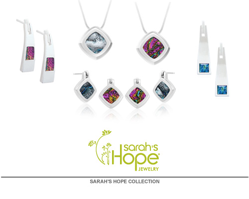 Sarah's Hope Jewelry uses ultimate-grade .925 sterling silver for each piece and then plates it with rhodium to add durability and resist tarnishing - so maintaining its brilliant shine requires no polishing. The proprietary stone, E'Sperene, is a composite that combines quartz crystals with metal oxides to create exceptionally vibrant colors that shift dynamically as they reflect light. This makes each stone as unique as the person who wears it. Fair trade manufacturing practices are an important component of Sarah's Hope Jewelry, so that every person who crafts the jewelry is treat...