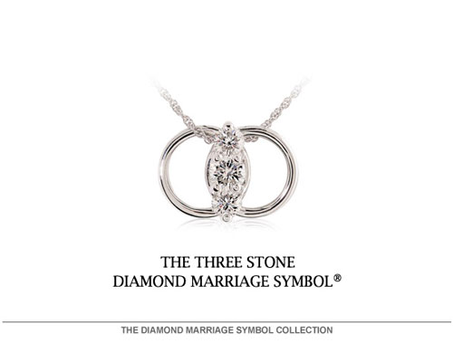 The Three Stone Diamond Marriage Symbol will help you celebrate in the most meaningful and romantic way possible. Two interlocking circles are a universal sign of your marriage. The Three beautiful diamonds represent your past, your present and your future together. Say I Forever Do, perfectly!
