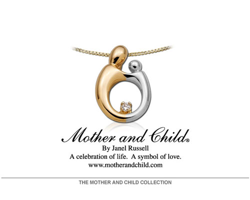 Designed from the heart and hands of Janel Russell, the heart shaped jewelry line is an elegant evolution of Janel's original Mother and Child design. The design embodies a Mother and Child emerging from a heart symbolizing the love that binds them together for eternity. The Mother and Child Heart Collection includes pendants, earrings, lockets, rings, charms and bracelets in 14-karat gold.